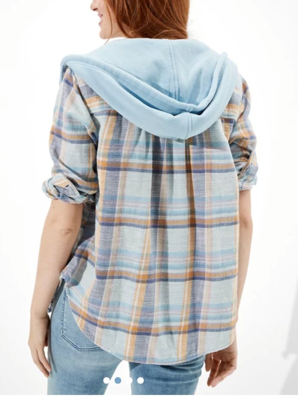 American Eagle Hooded Flannel Plaid Shirt M Oversized Cotton Shacket Cottagecore